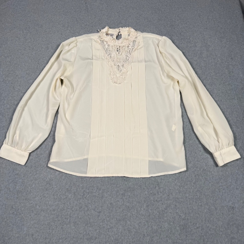 Worthington Vintage 80s Victorian Ivory Lace Bib Blouse Long Sleeve Top 10